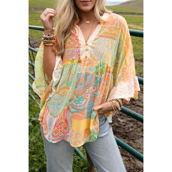 Boho Flowy Paisley Blouse | Bell Sleeve Lace Detail – Women’s Small- NWT - Picture 3 of 4